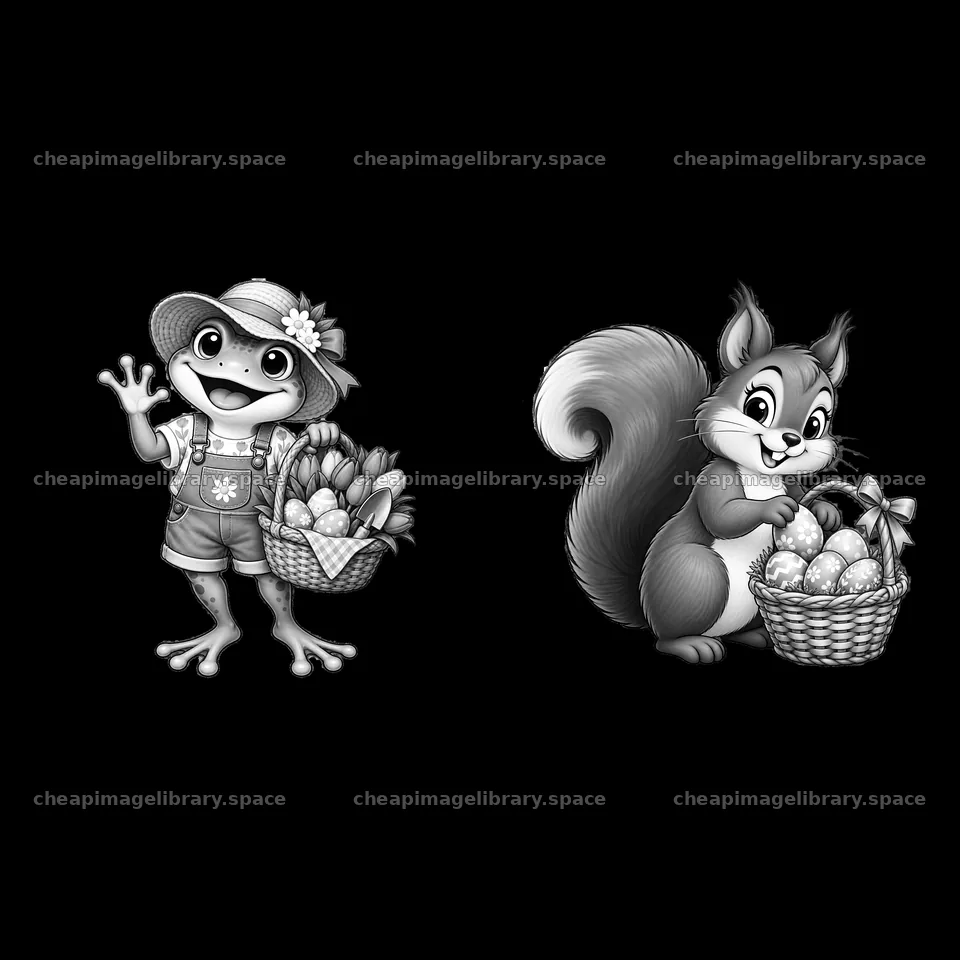 Frog and squirrel with Easter baskets in black-and-white – image library 7746x7746
