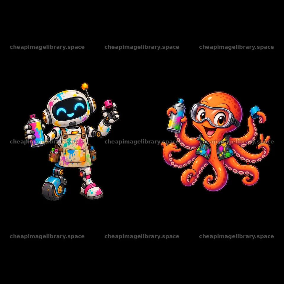 Cartoon robot and octopus with spray paint cans in colorful design – image library 7746x7746