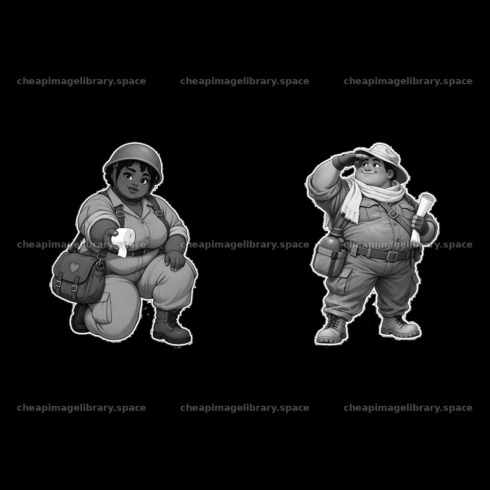 Cute ultra-chubby soldier sticker pair with props in black and white – image library 7746x7746