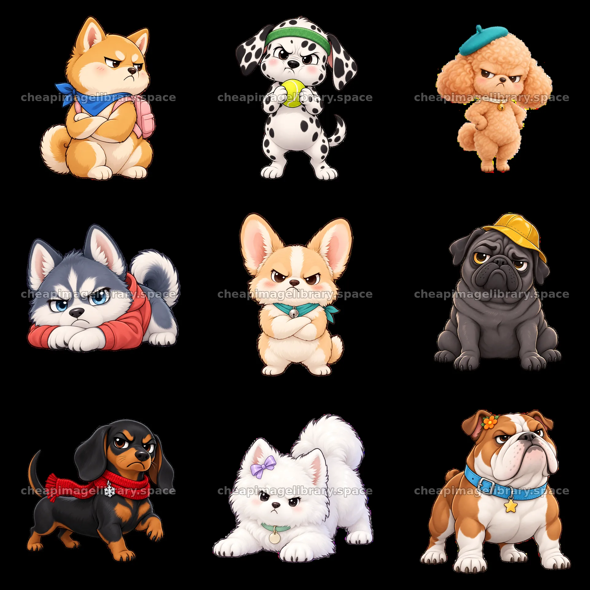 Kawaii grumpy dogs with various expressions and accessories – image library 7746x7746