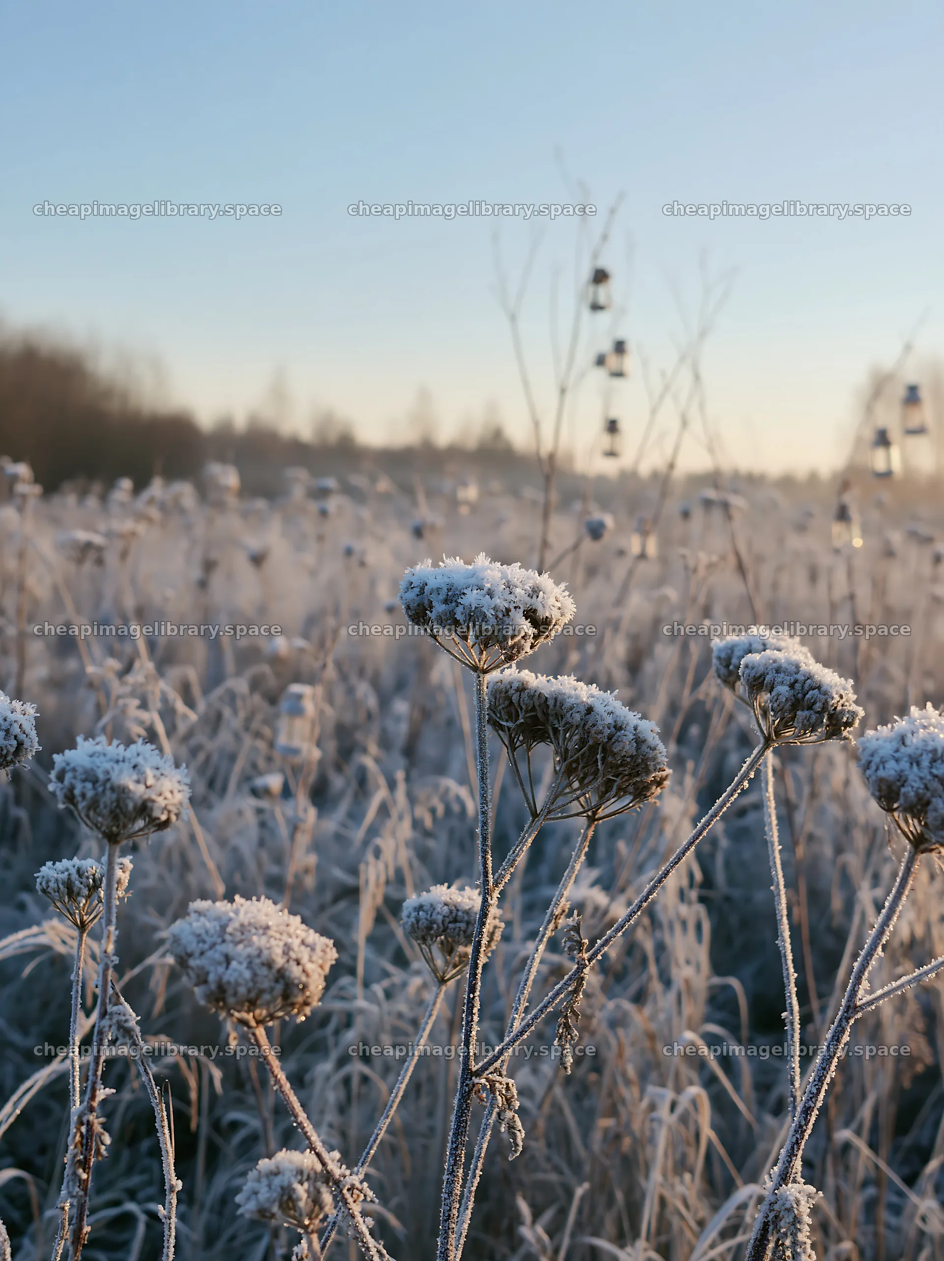 Frost-covered meadow with seedheads and lanterns at dawn – image library 6866x9174