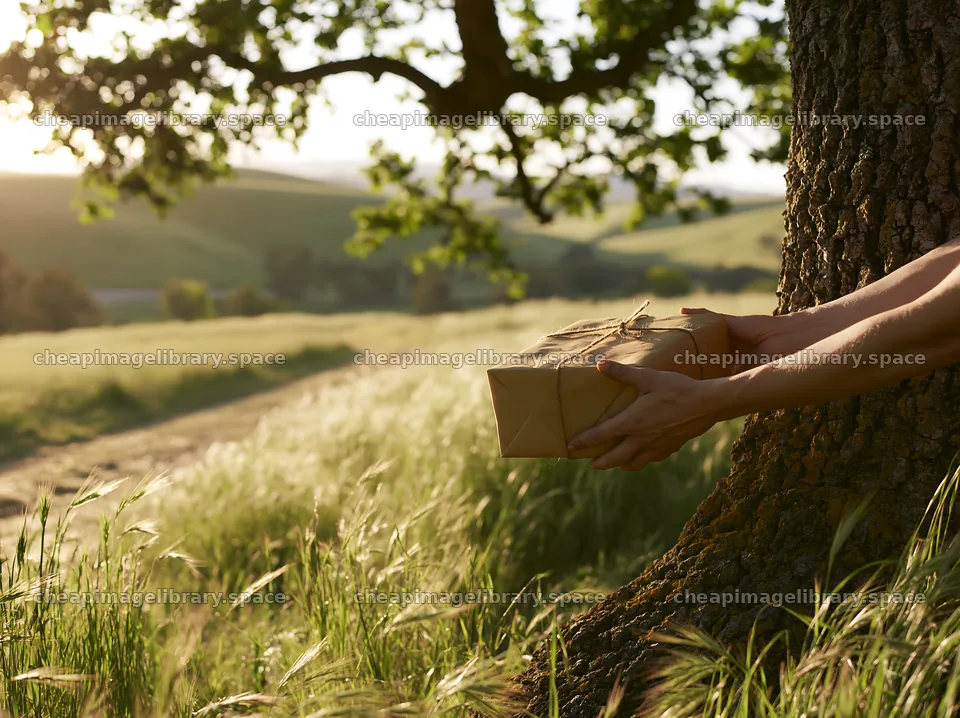 Gift being placed near a tree in a field during sunset – image library 9174x6866