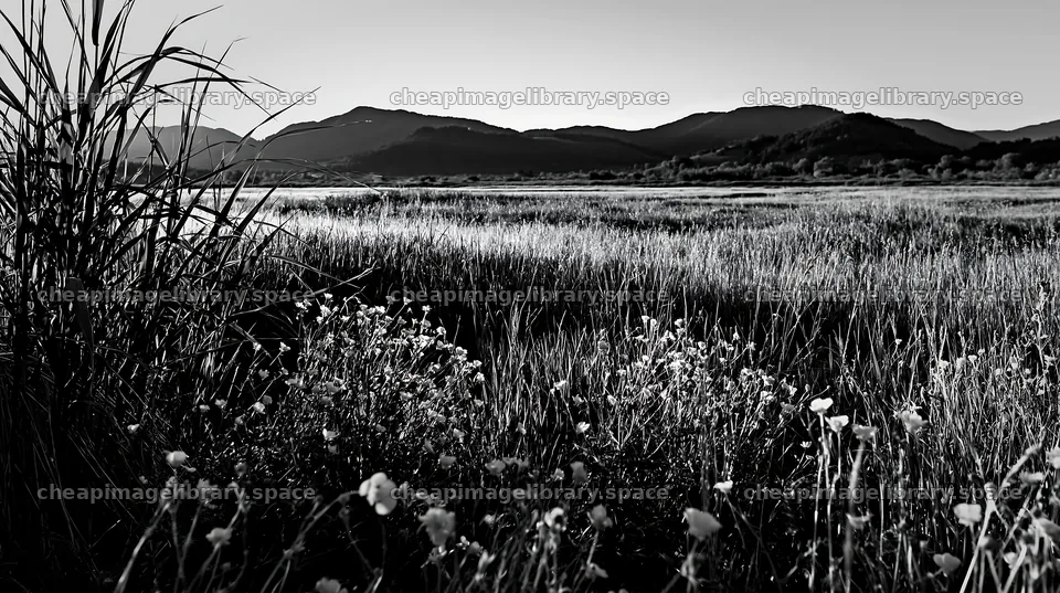 Saga floodplain meadow with reeds and mountain backdrop – image library 10608x5938