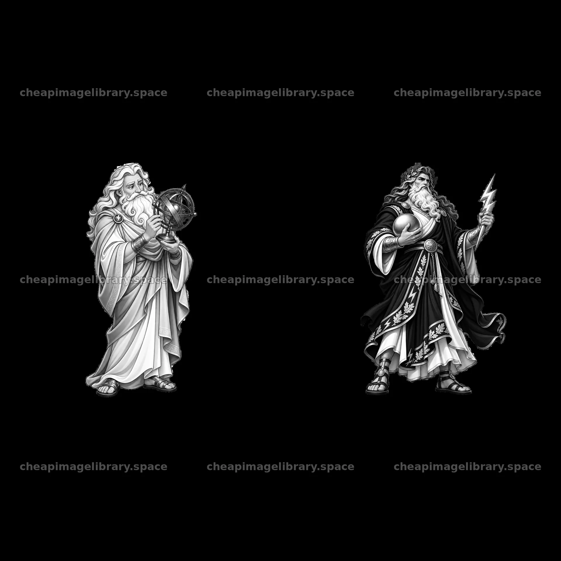 Zeus with globe and Zeus with lightning bolt in black and white – image library 7746x7746