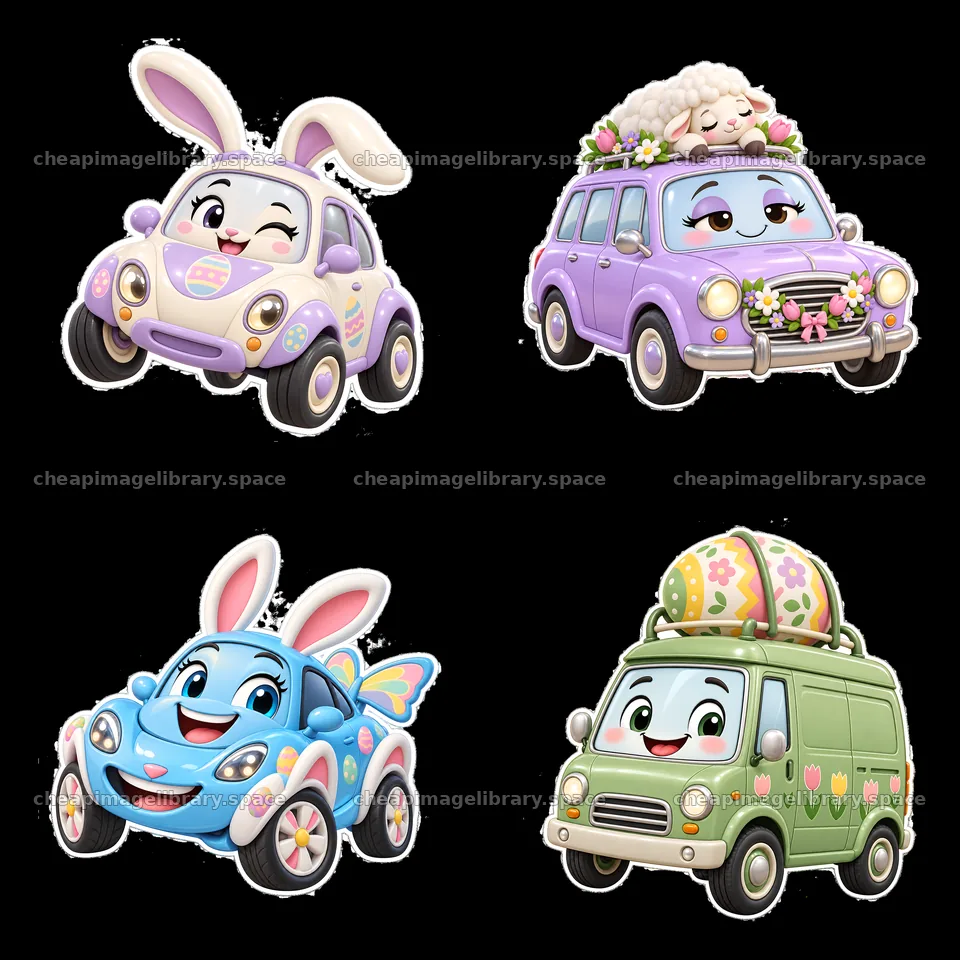 Easter-themed cartoon car stickers with cute characters – image library 7746x7746