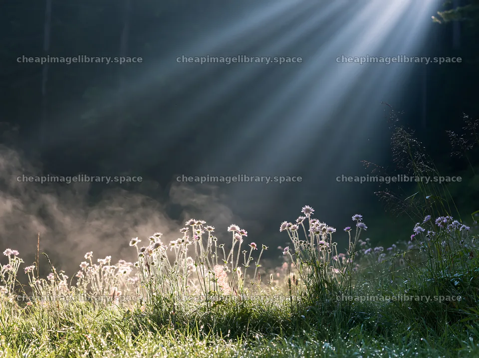 Crepuscular rays shine over meadow with wildflowers – image library 9174x6866