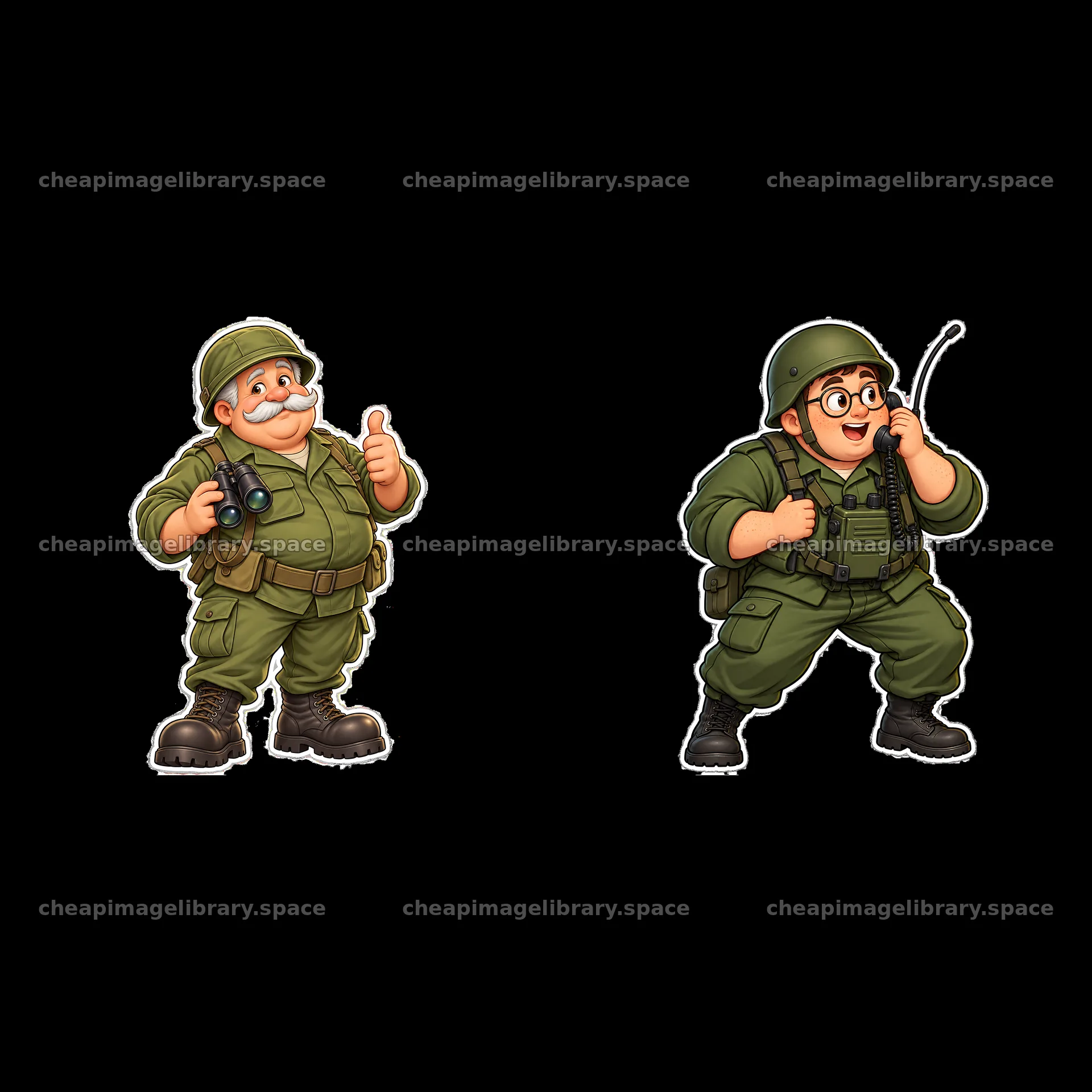 Cute ultra-chubby soldier duo giving thumbs up and communication – image library 7746x7746
