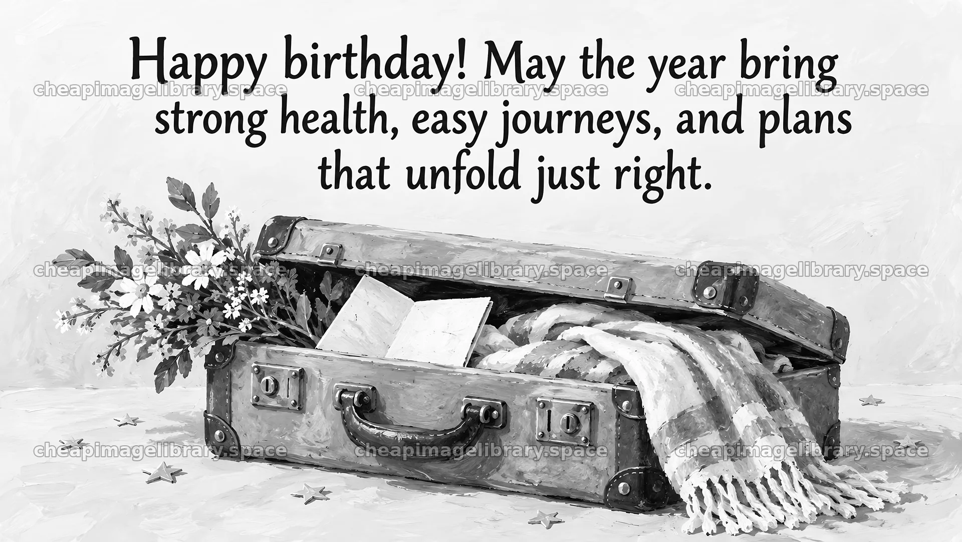 Monochrome Birthday Greeting with Open Suitcase – image library 10324x5812