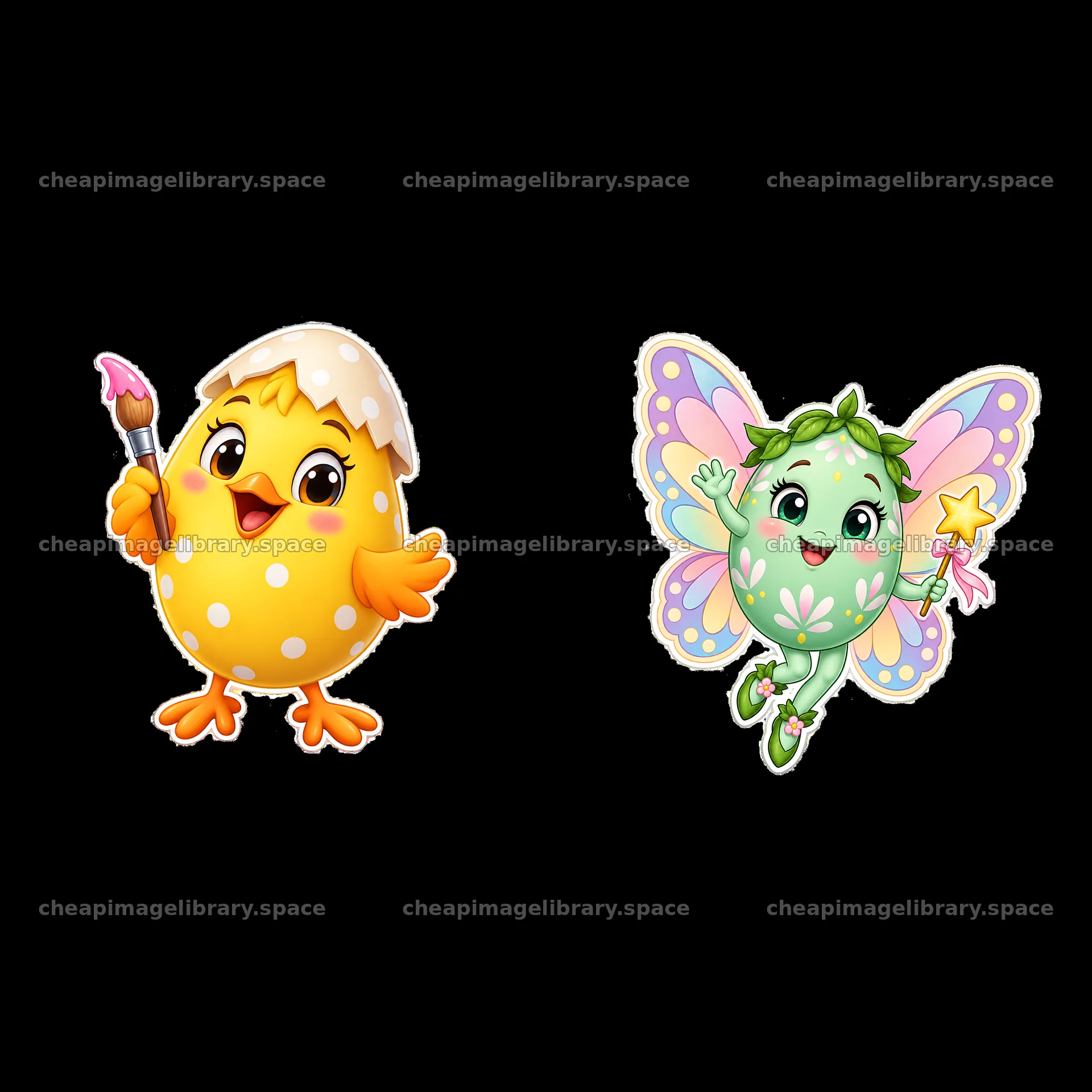 Cute yellow chick and pastel egg fairy spring cartoon stickers – image library 7746x7746