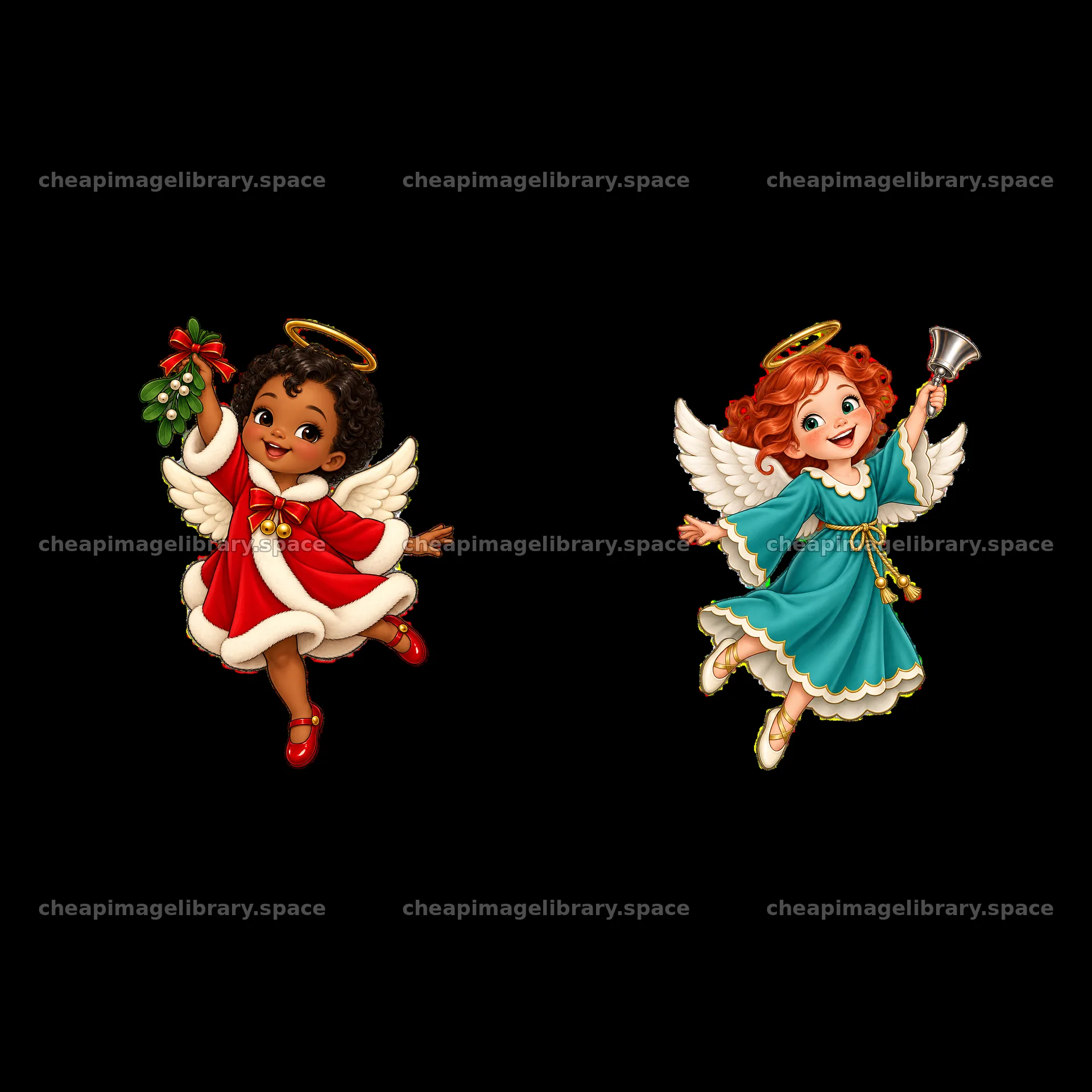 Christmas angel girls holding mistletoe and bell in holiday attire – image library 7746x7746