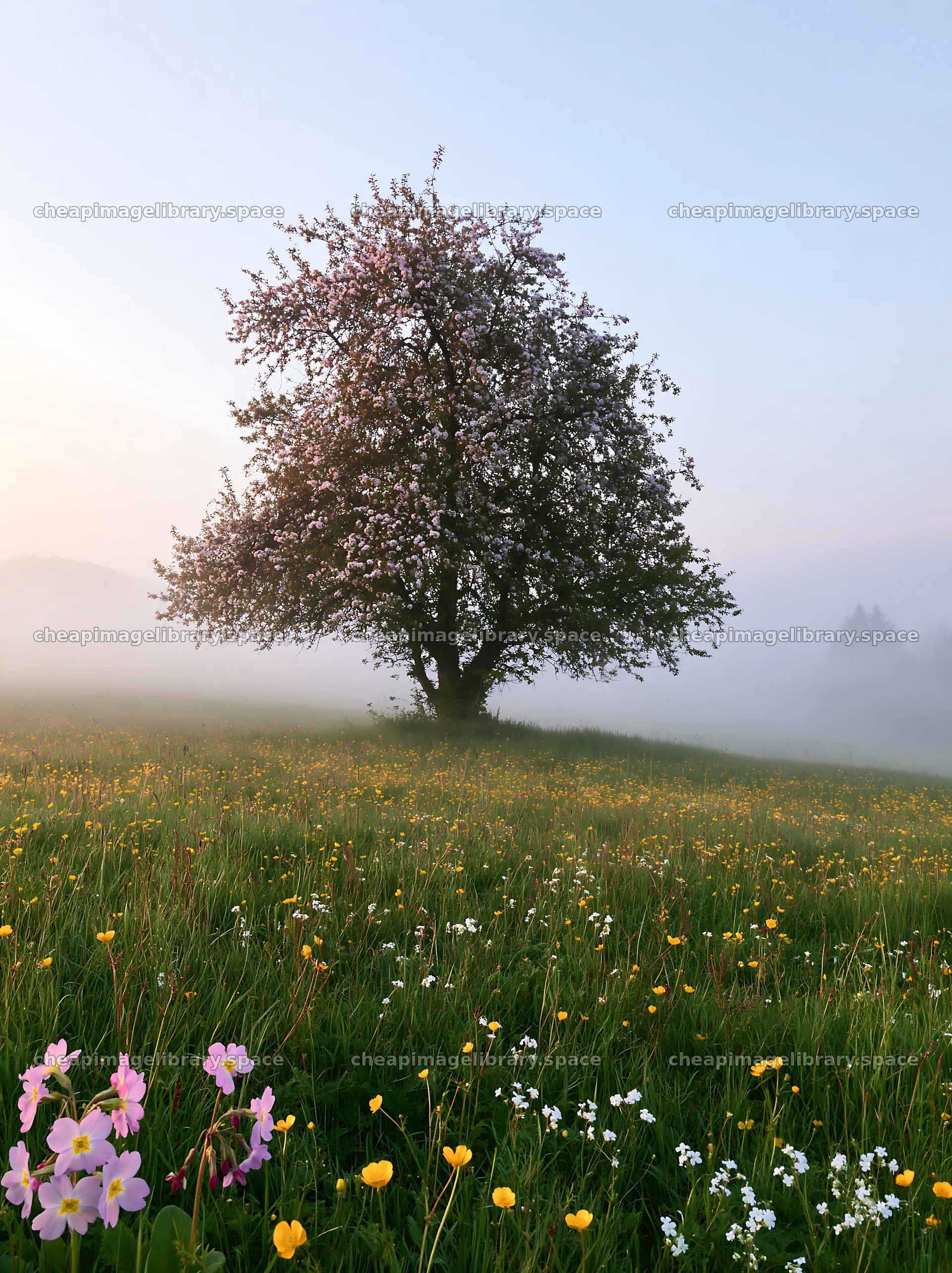 Easter tree with blossoms stands in a meadow during early morning – image library 6866x9174
