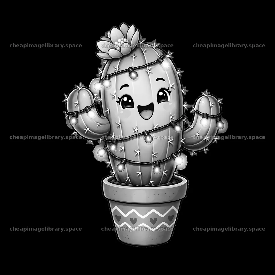 Cactus in a pot with string lights wrapped around it – image library 7746x7746