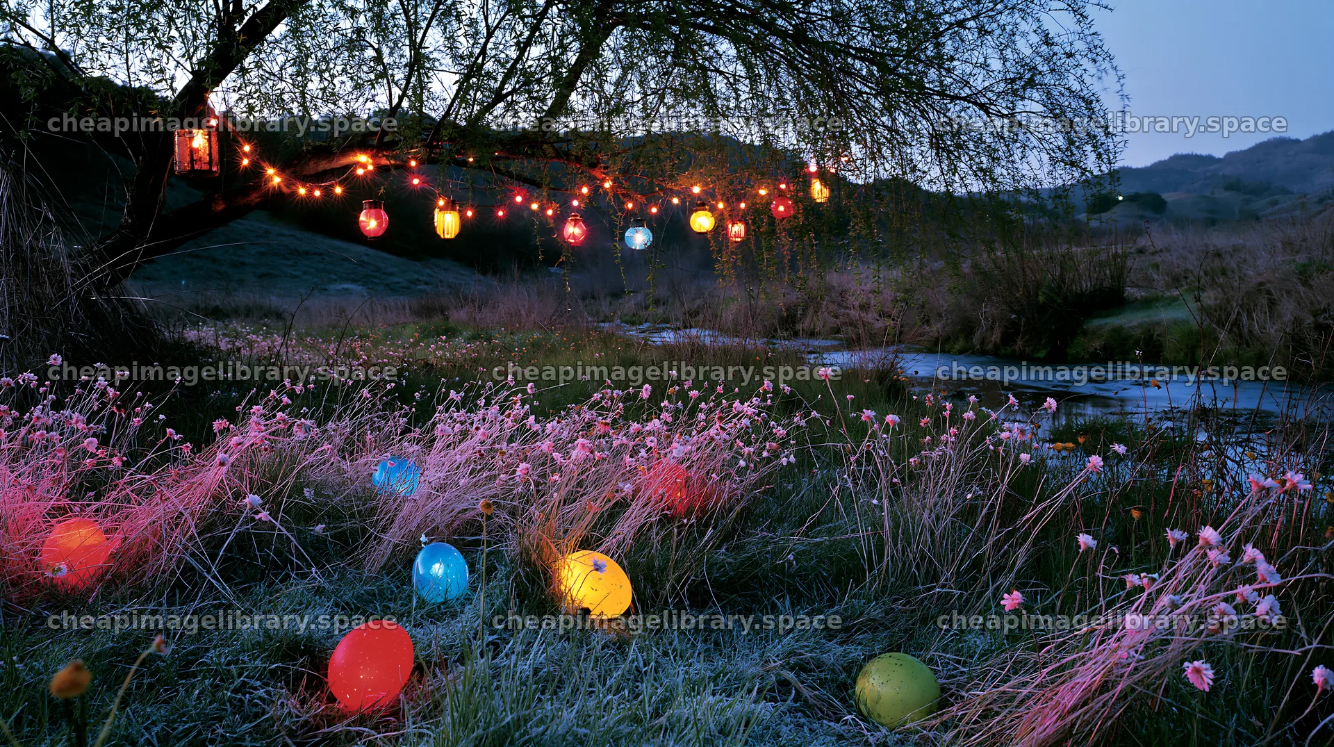 Vibrant Christmas lanterns beside winter meadow stream – image library 10608x5938