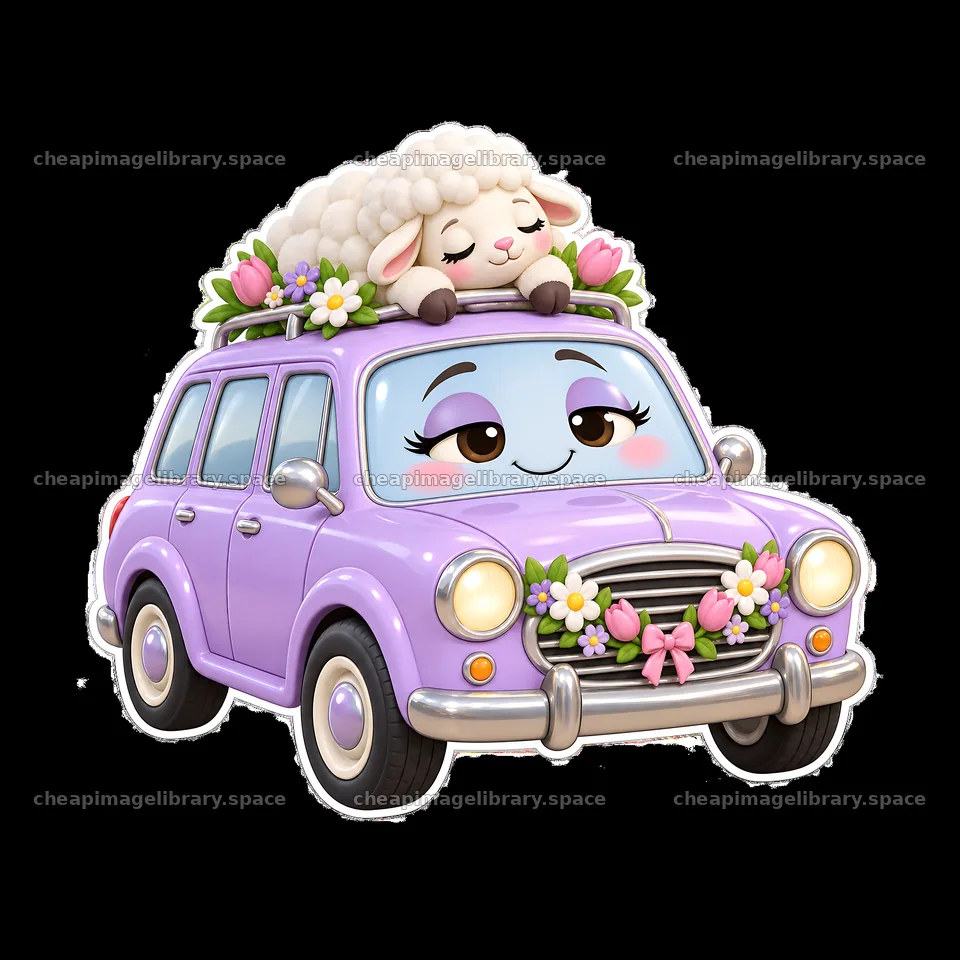 Cute car with sheep and flowers for Easter celebration – image library 7746x7746