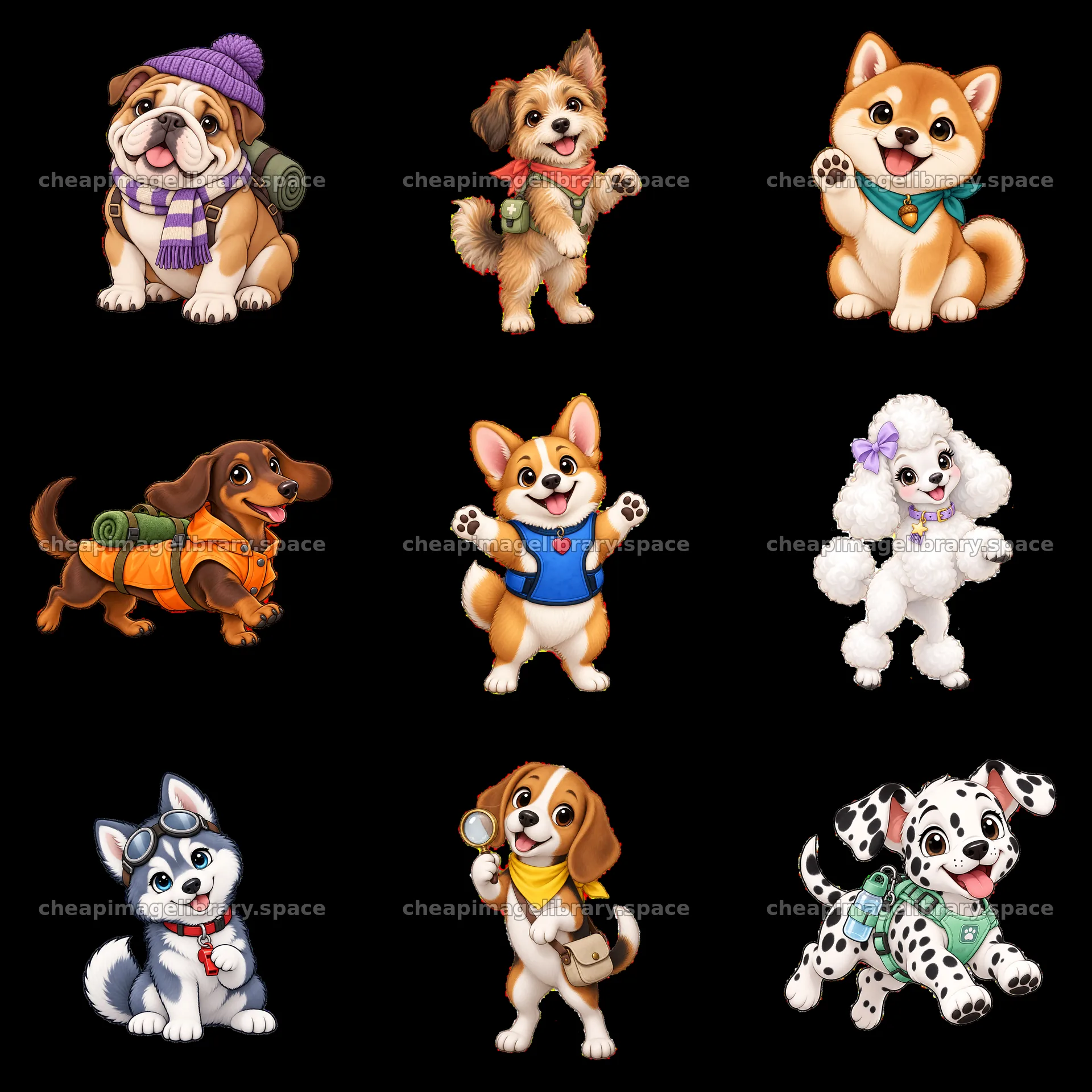 Cute K-9 dogs in a fun 3x3 cartoon sticker layout – image library 7746x7746