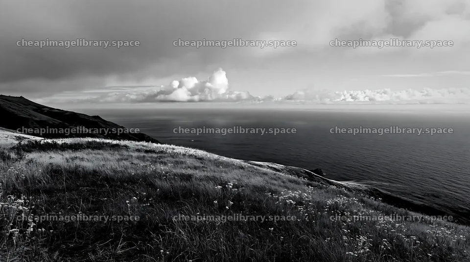 Meadow above Atlantic coast with clouds and ocean view – image library 10608x5938