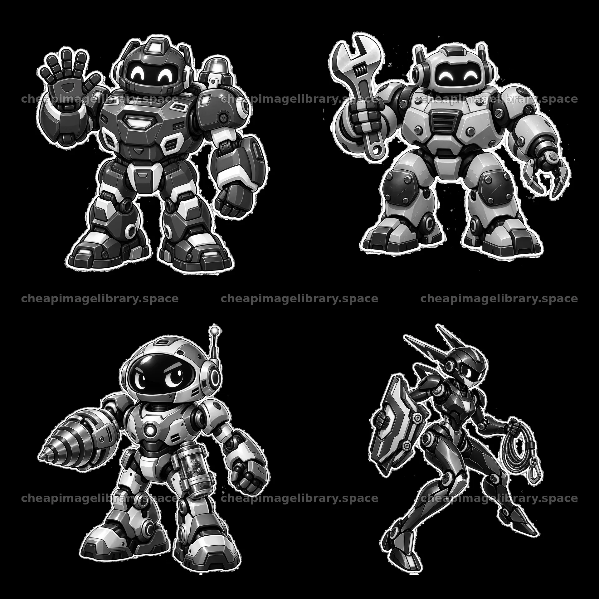 Four mech robots in dynamic poses with tools and accessories – image library 7746x7746