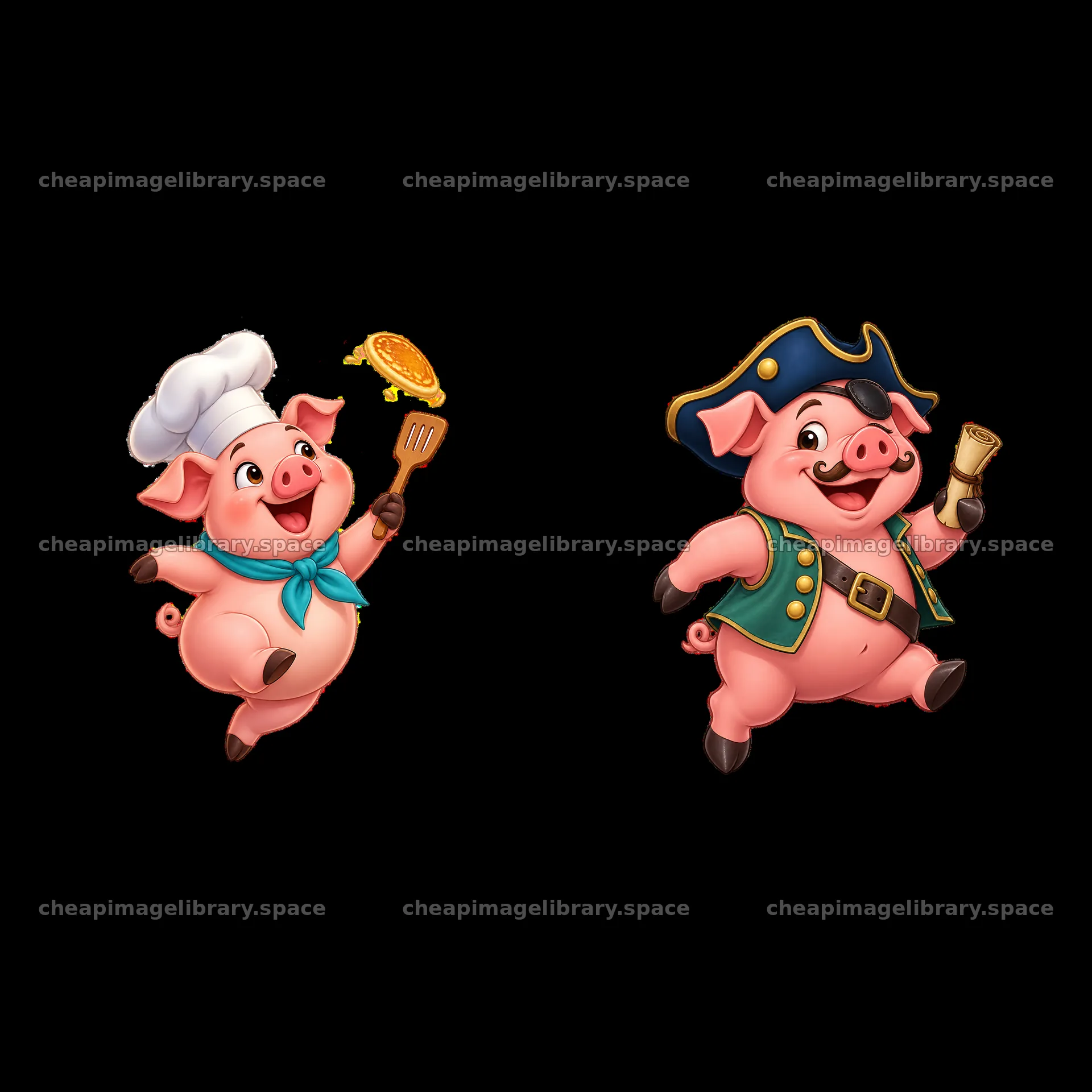 Two cheerful pigs in chef and pirate outfits – image library 7746x7746
