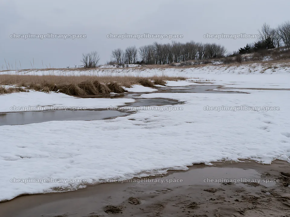 Dune meadow covered with snow near a water flow – image library 9174x6866