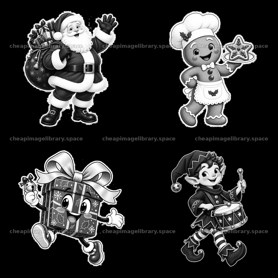 Santa Claus, gingerbread cookie, gift box, and elf sticker set – image library 7746x7746