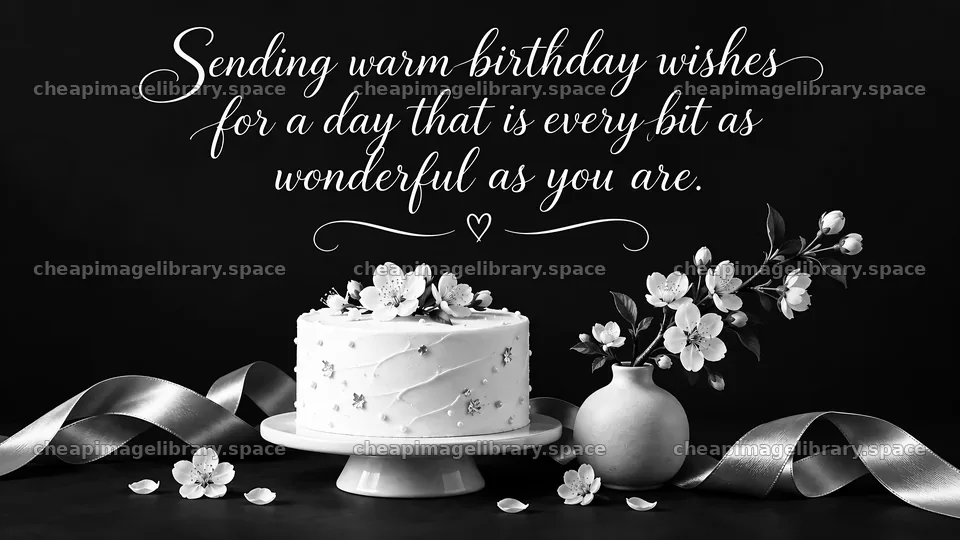 Monochrome Birthday Cake Greeting with Blossoms – image library 10324x5812