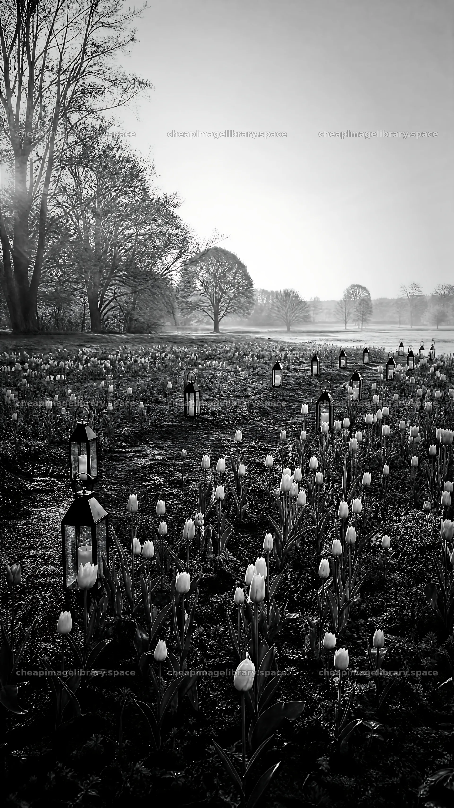 Lanterns in a meadow filled with tulips at dusk – image library 5952x10584