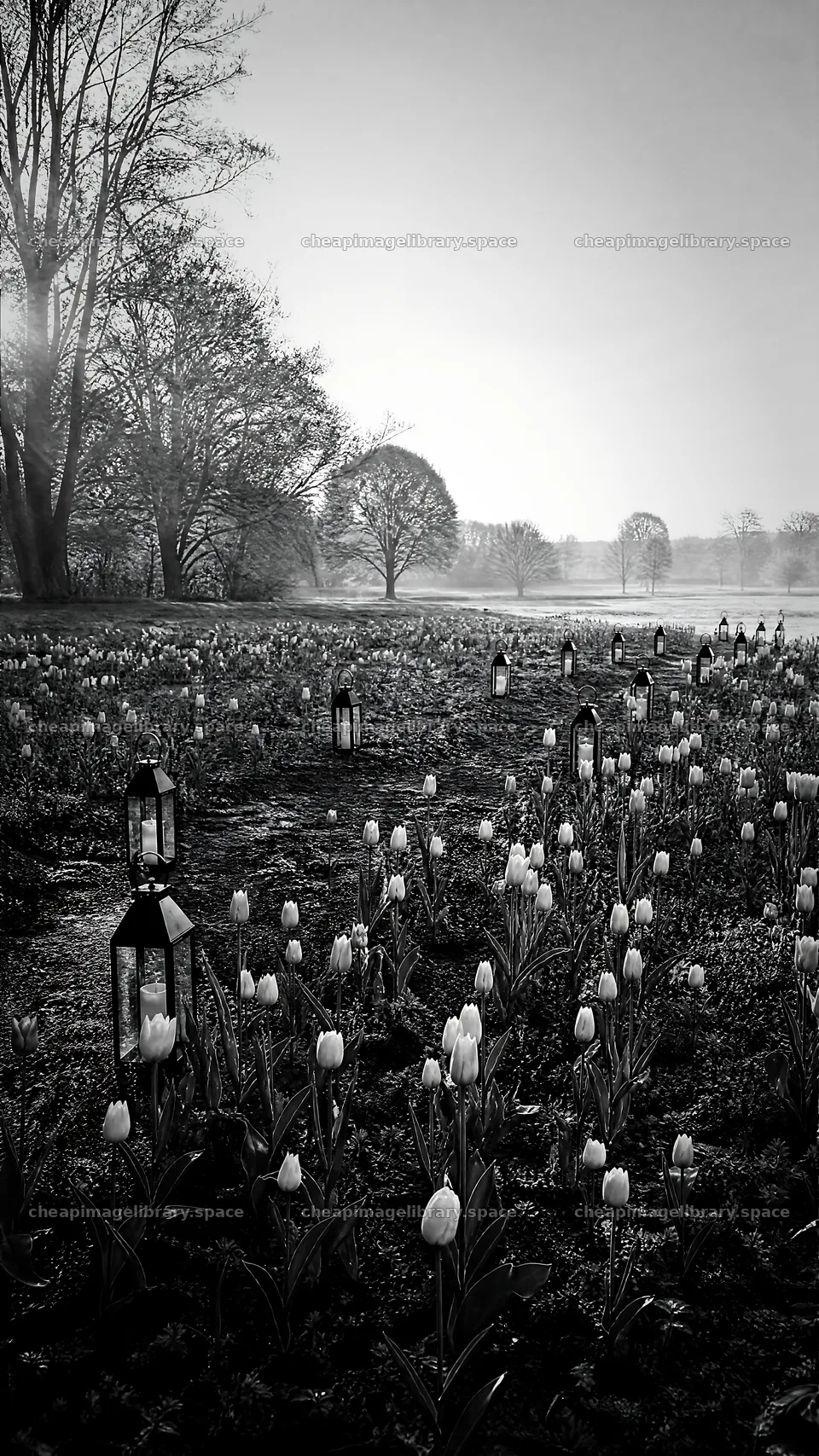 Lanterns in a meadow filled with tulips at dusk – image library 5952x10584