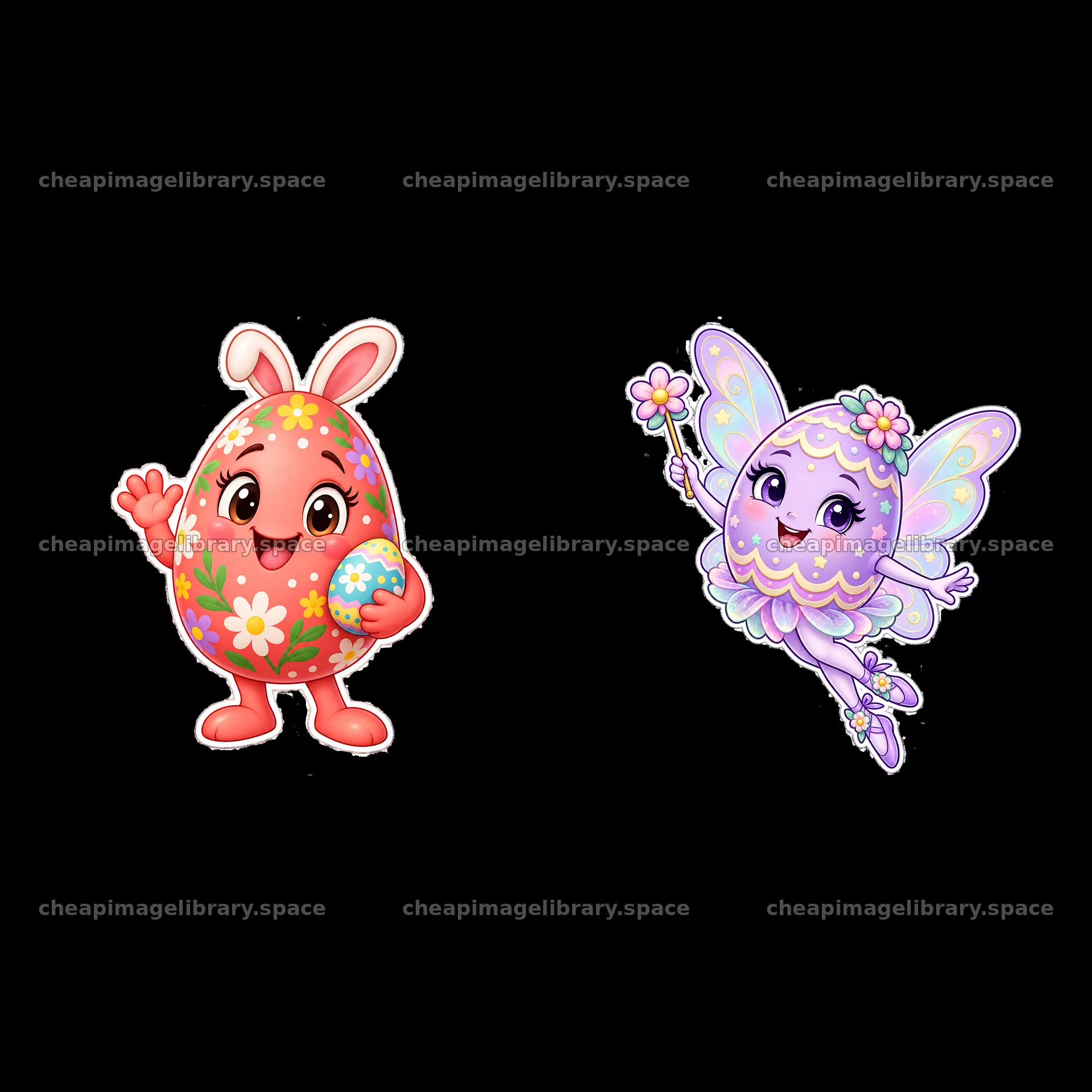 Colorful Easter egg character and fairy holding flowers – image library 7746x7746