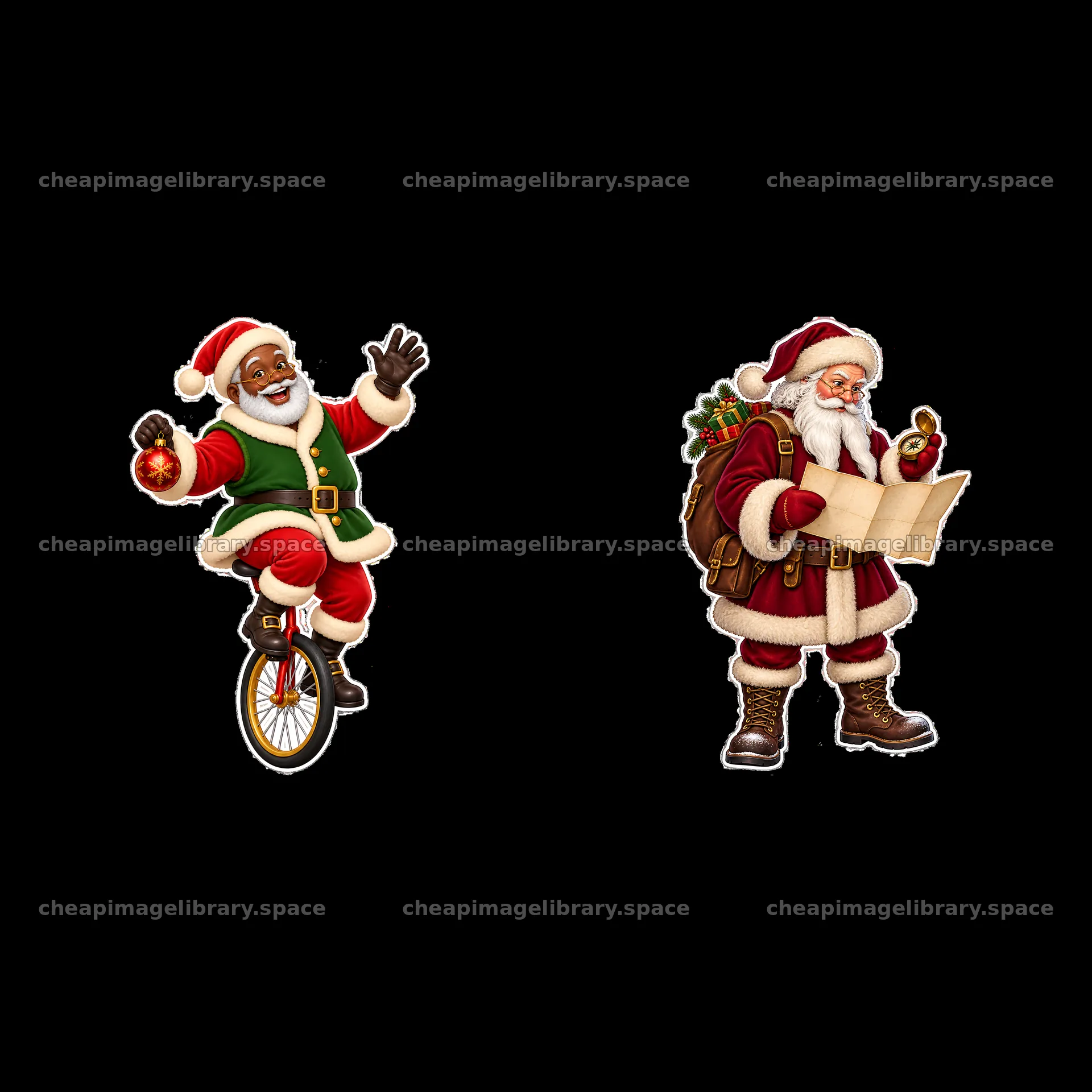 Santa Claus on unicycle and Santa with gift map – image library 7746x7746