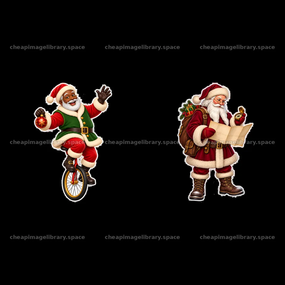 Santa Claus on unicycle and Santa with gift map – image library 7746x7746