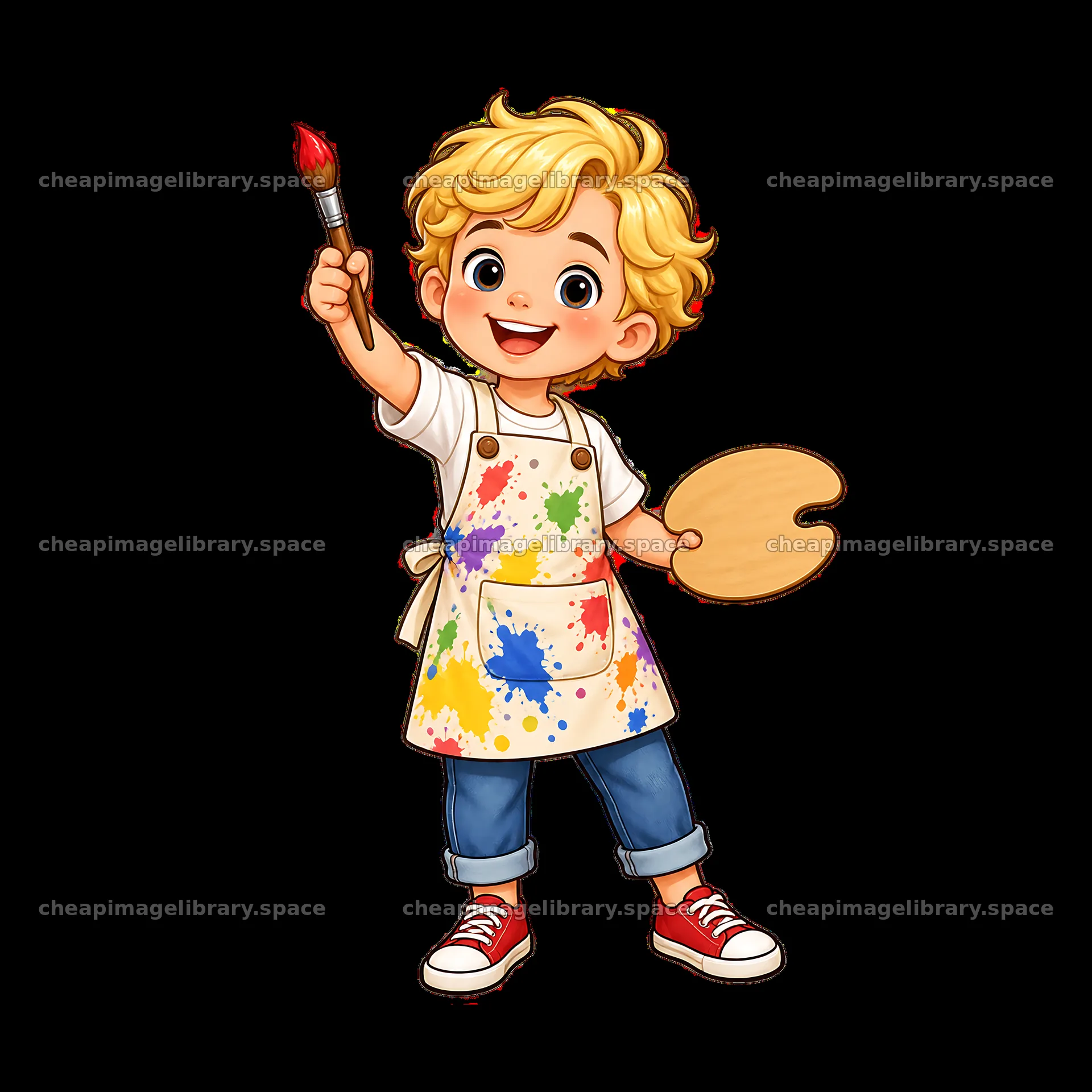 Blond child holding a paintbrush and palette in an art apron – image library 7746x7746