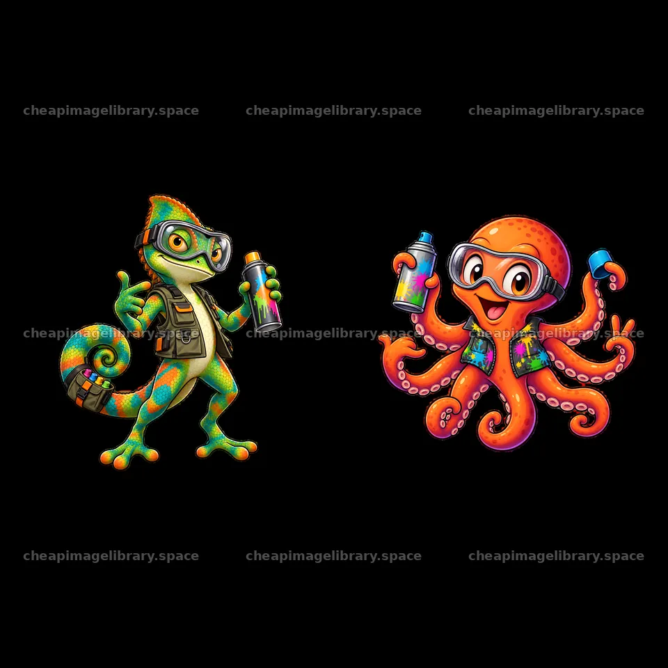 Graffiti sprayer lizard and octopus cartoon sticker illustration – image library 7746x7746
