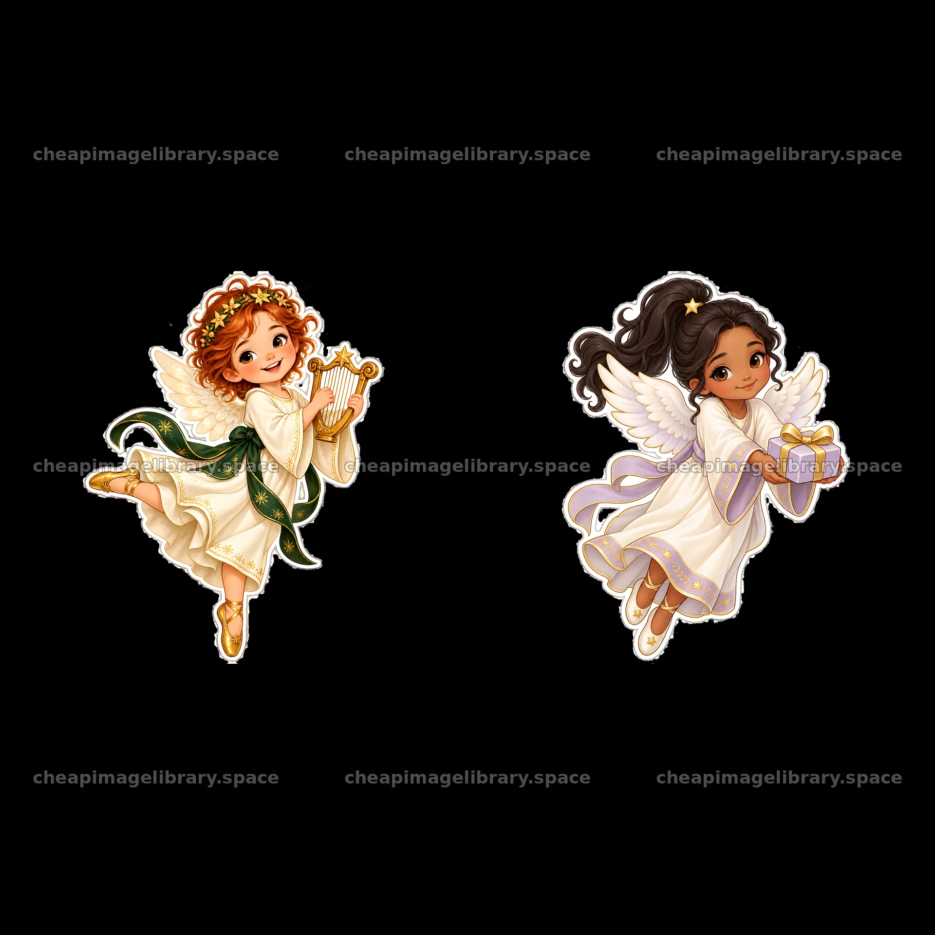 Cartoon stickers of children as Christkind with harp and gifts – image library 7746x7746