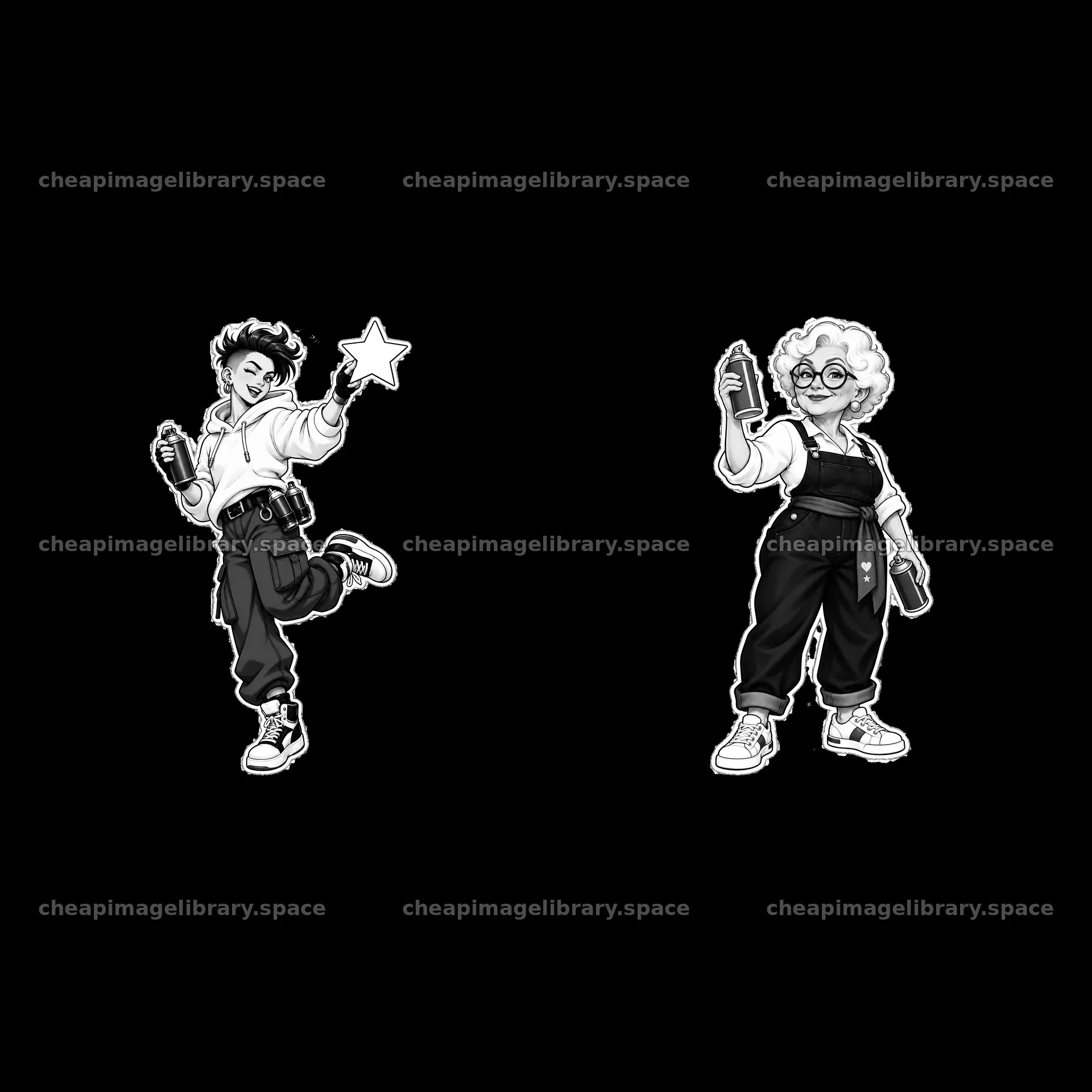 Patriotic graffiti sprayer duo with star and spray cans – image library 7746x7746