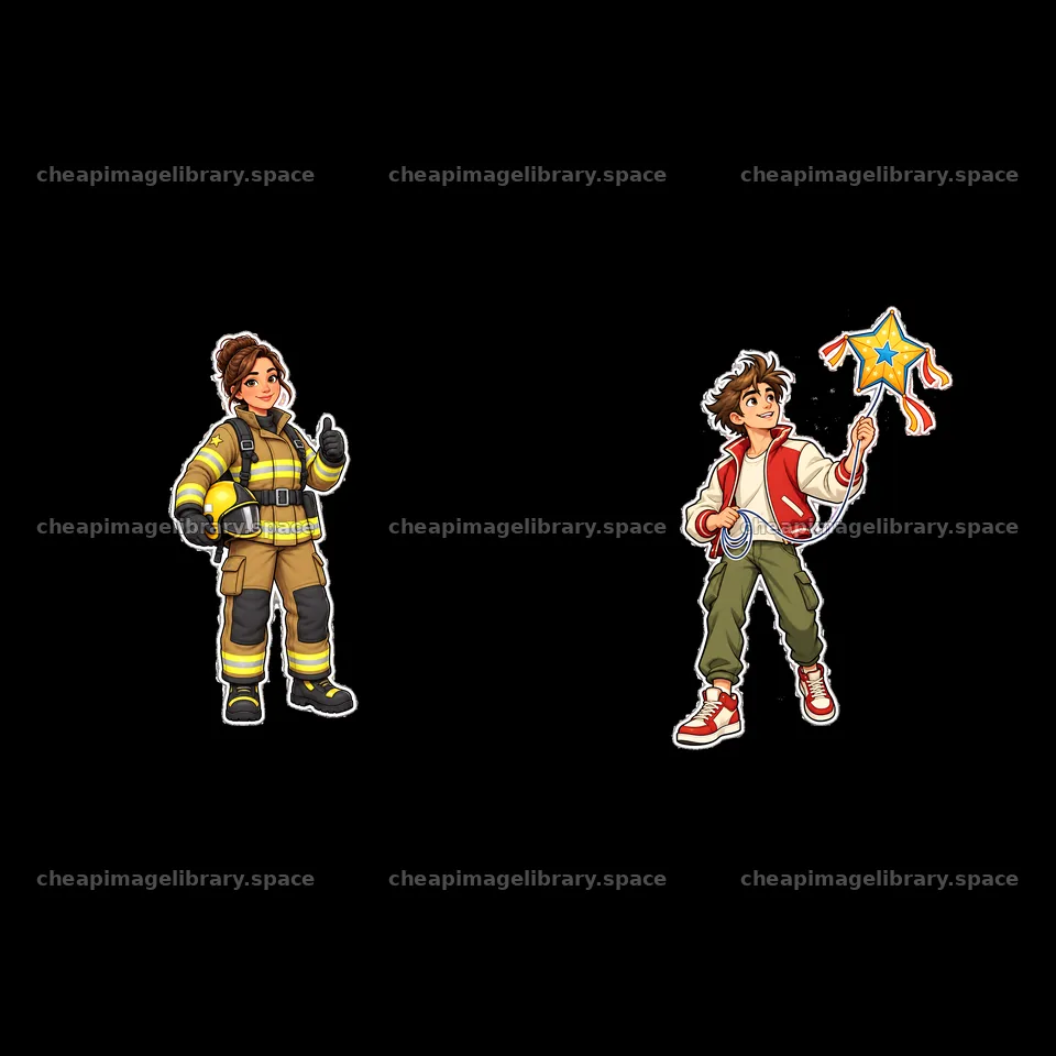 Firefighter giving a thumbs up and a child holding a star toy – image library 7746x7746