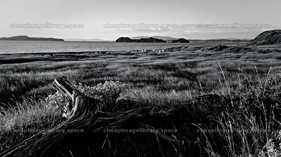 Nagasaki coastal meadow with driftwood in foreground – image library 10608x5938