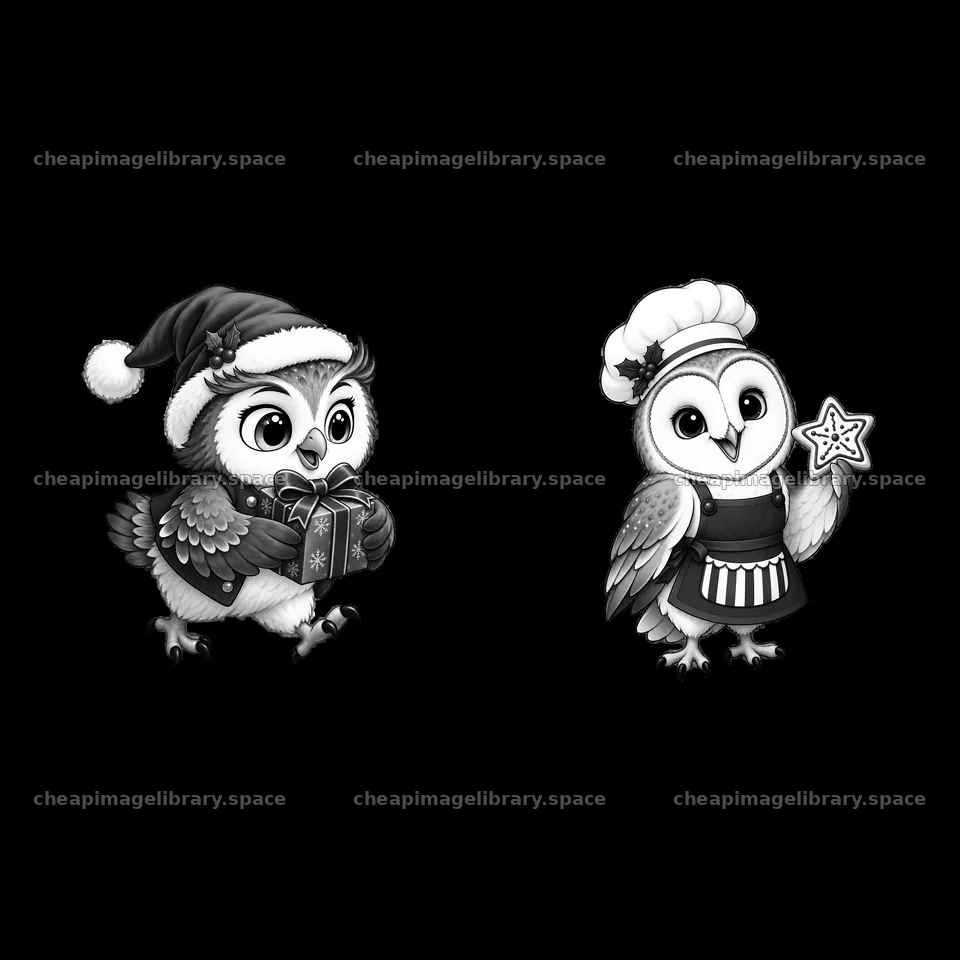 Christmas owls with presents and cookies in festive attire – image library 7746x7746