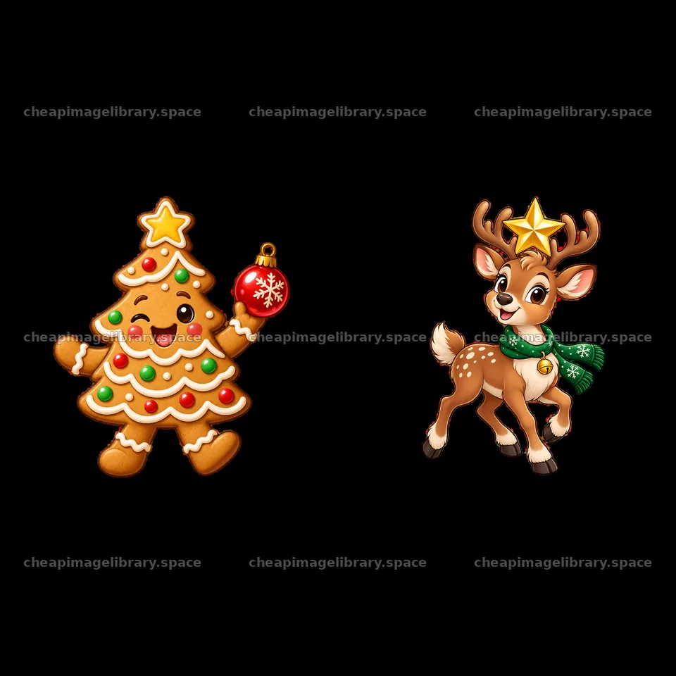 Cute Christmas tree and reindeer cartoon sticker set – image library 7746x7746