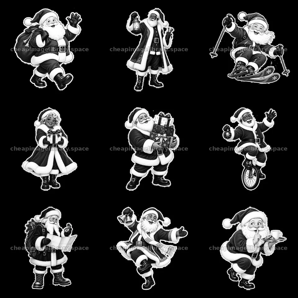 Santa Claus characters in various holiday activities – image library 7746x7746