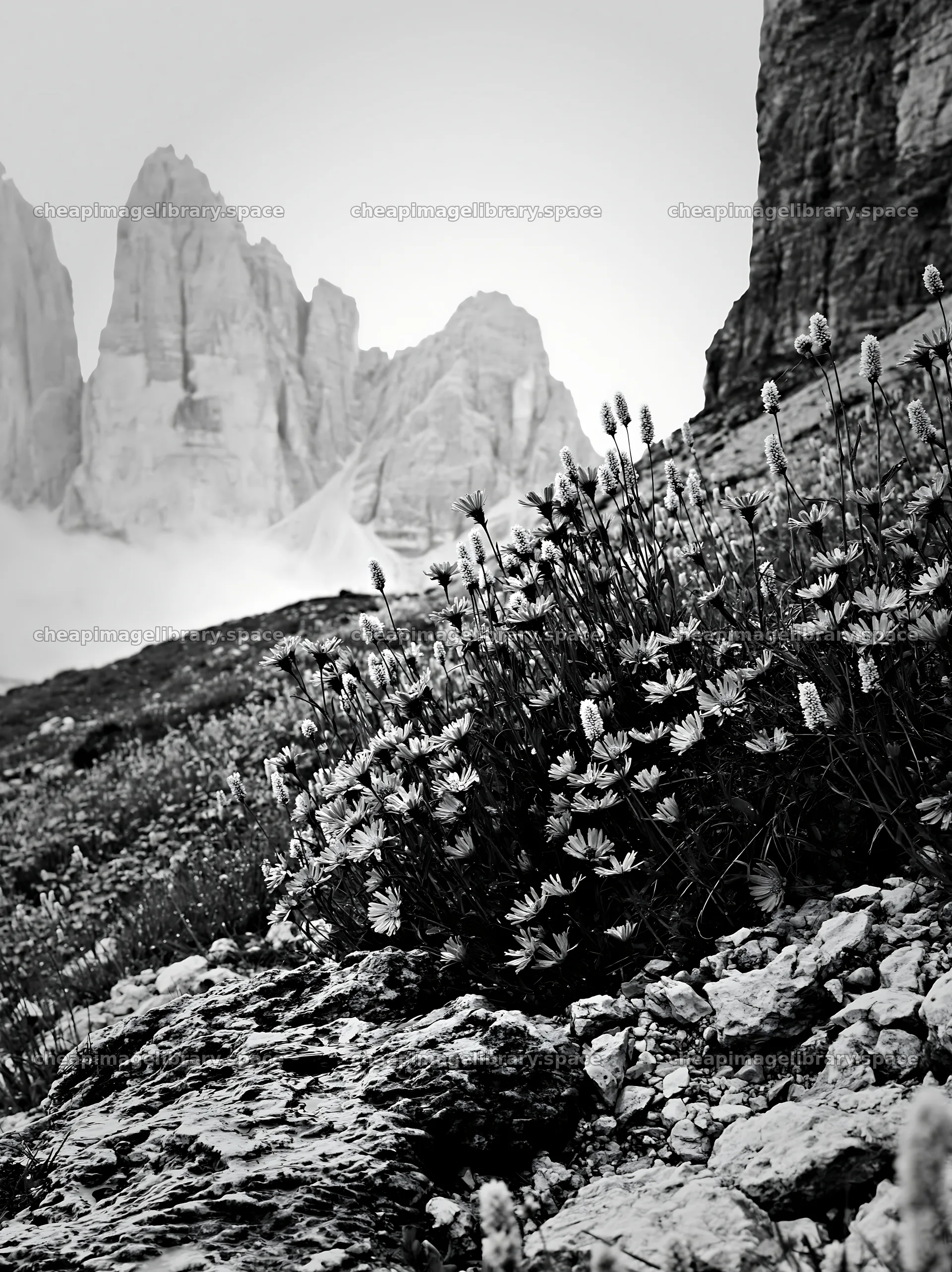 Climate-resilient meadow with purple flowers and rocky landscape – image library 6866x9174