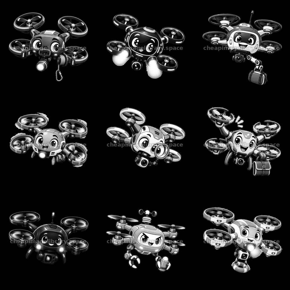 Cartoon drone characters in various playful actions – image library 7746x7746