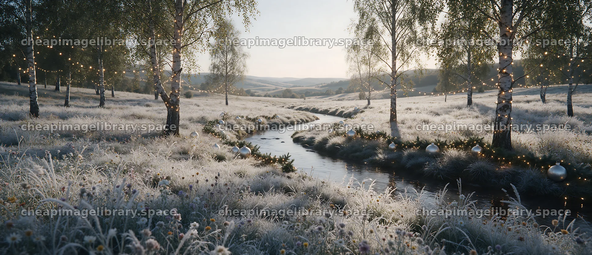 Christmas ornaments along stream in meadow – image library 12094x5210