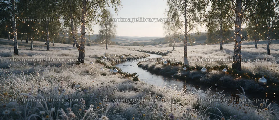 Christmas ornaments along stream in meadow – image library 12094x5210