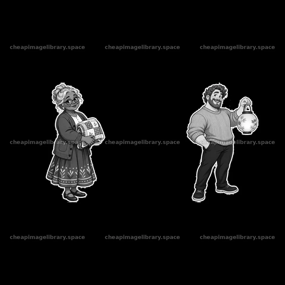 Illustration of a woman holding a basket and a man with a lantern – image library 7746x7746