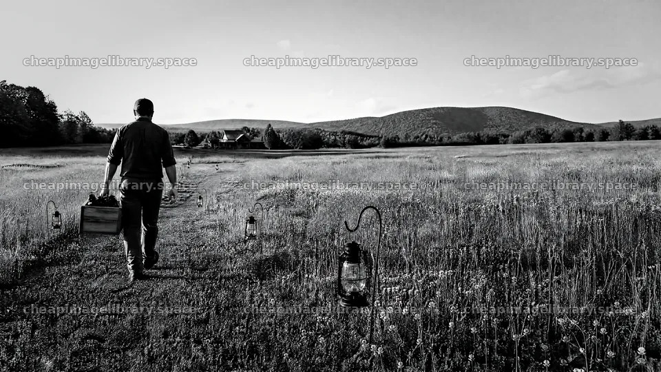 Man walks through meadow with lanterns at dusk – image library 10584x5952