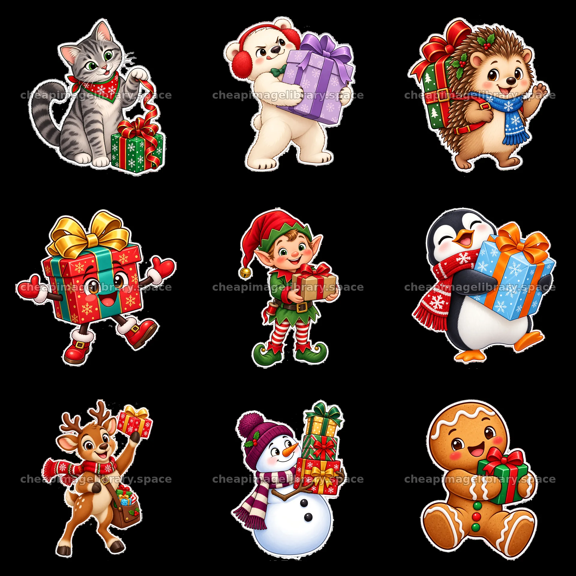 Cartoon characters with Christmas gifts in a 3x3 grid – image library 7746x7746