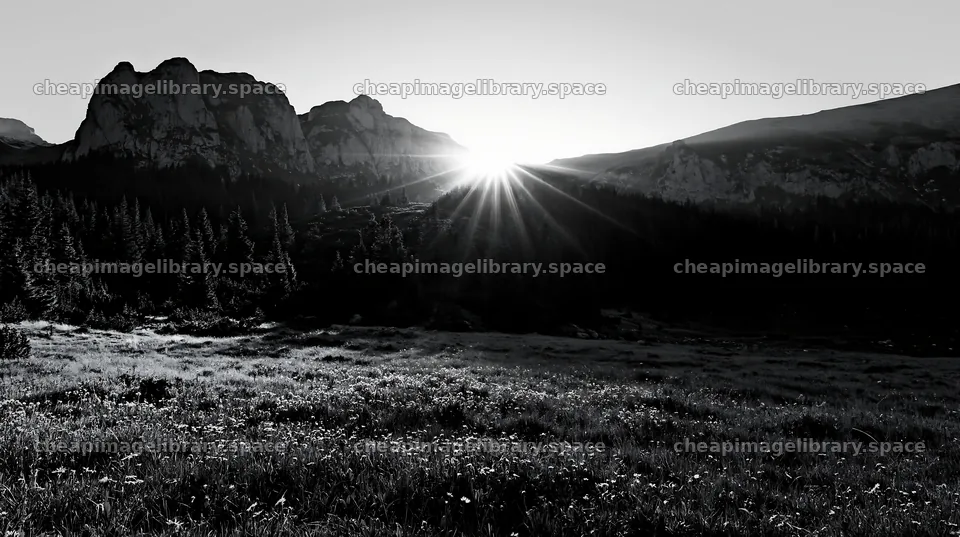 Rays of light over meadow in Bucegi Mountains at sunrise – image library 10608x5938