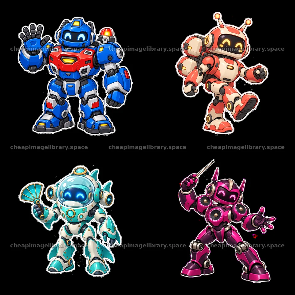 Four colorful mech robot cartoon stickers in playful poses – image library 7746x7746