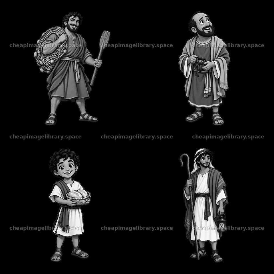 Four cartoon figures depicting scenes related to Jesus – image library 7746x7746