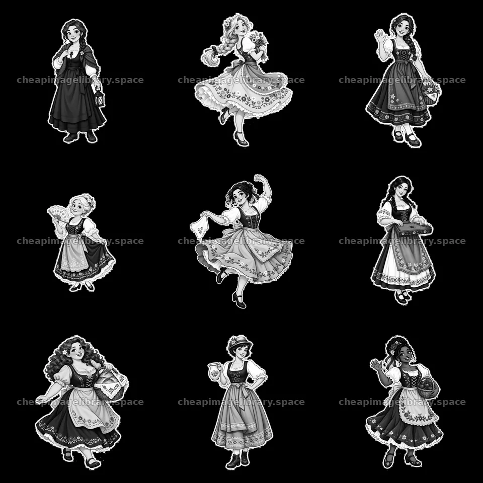 Women in traditional folk dress arranged in a 3x3 grid – image library 7746x7746